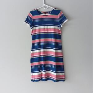 Talbots 100% Cotton Dress Stripes Knee-length Short-Sleeves Blue Pink Medium
